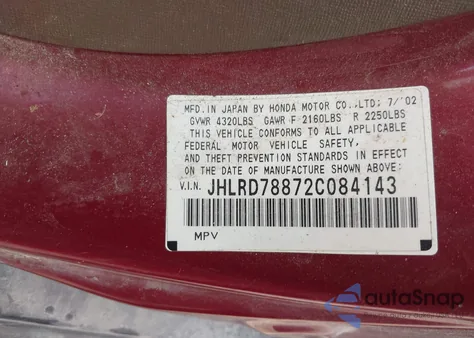 2002 Honda Cr-V Ex z USA, uszkodzony, nr VIN JHLRD78872C084143